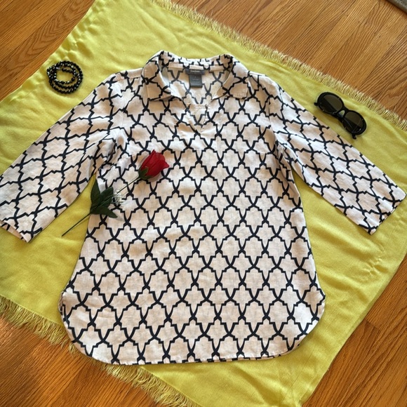 🩷 NEIMAN MARCUS; Classy & Upscale Geometric Black/White 100% LINEN Tunic; Sz. S! - Picture 2 of 10